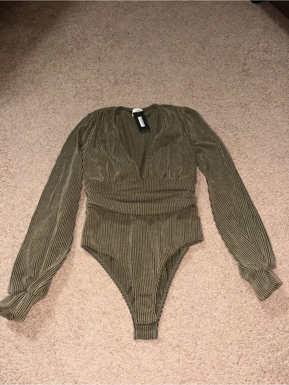 Plunge Neck Ribbed Olive Green Long-Sleeve Bodysuit